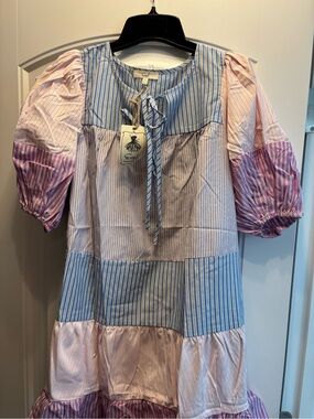 Striped Patchwork Casual Dress in Blue and Pink